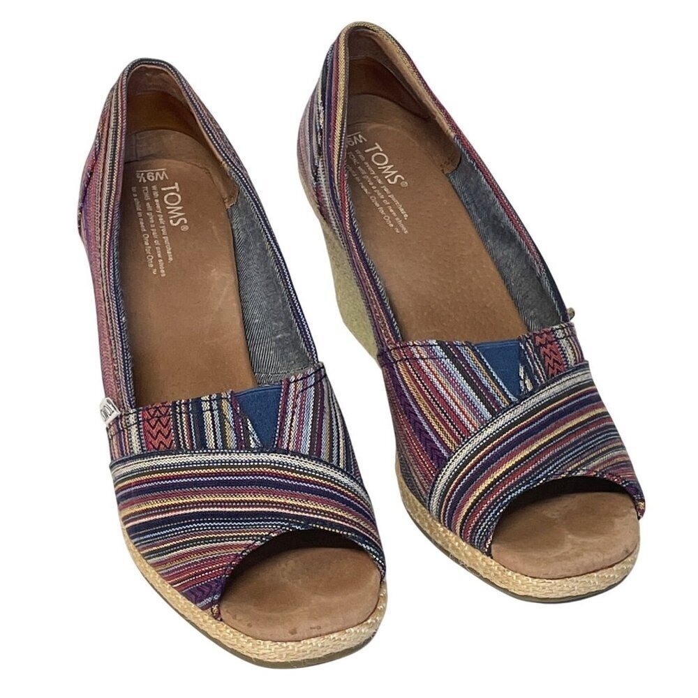 TOMS Striped Canvas Wedge Sandals Womens 9.5 Multi Color Peep Toe Espadrille‎ EX